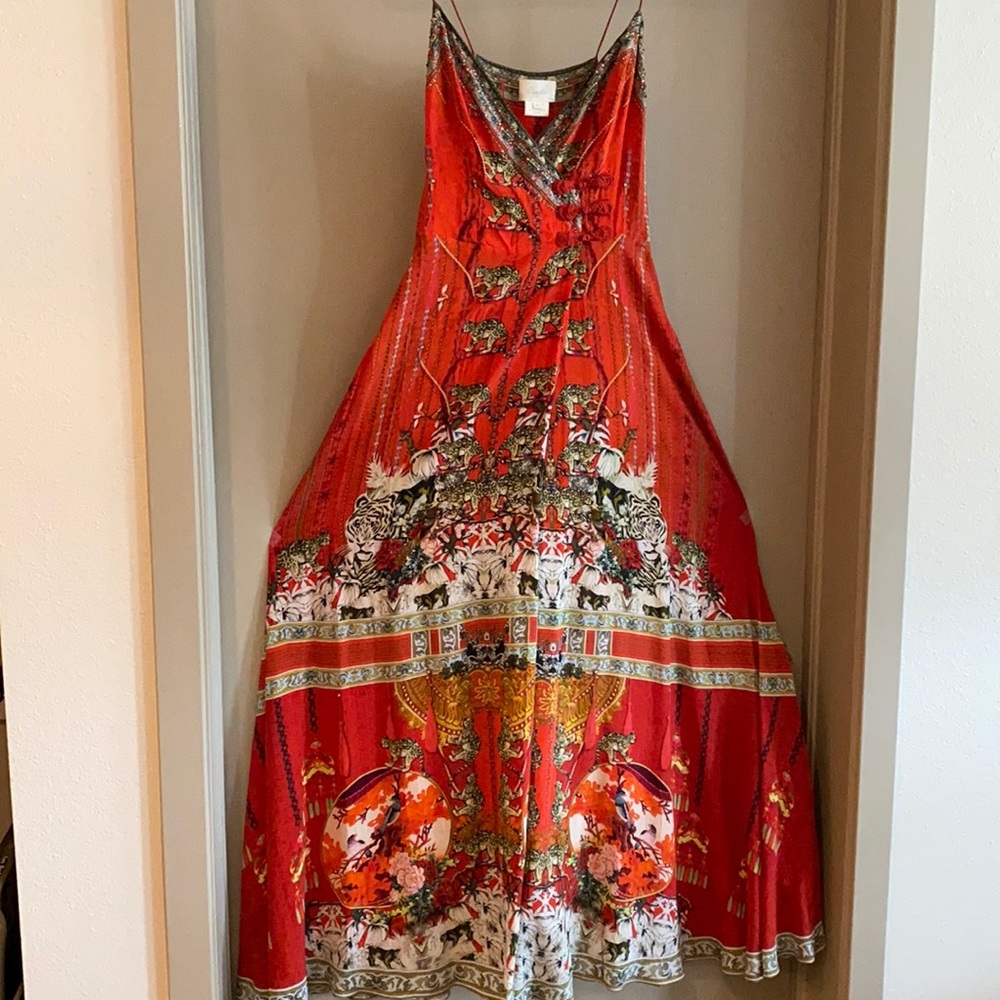 Camilla Red Silk Exotic Print 100%Silk maxi dress